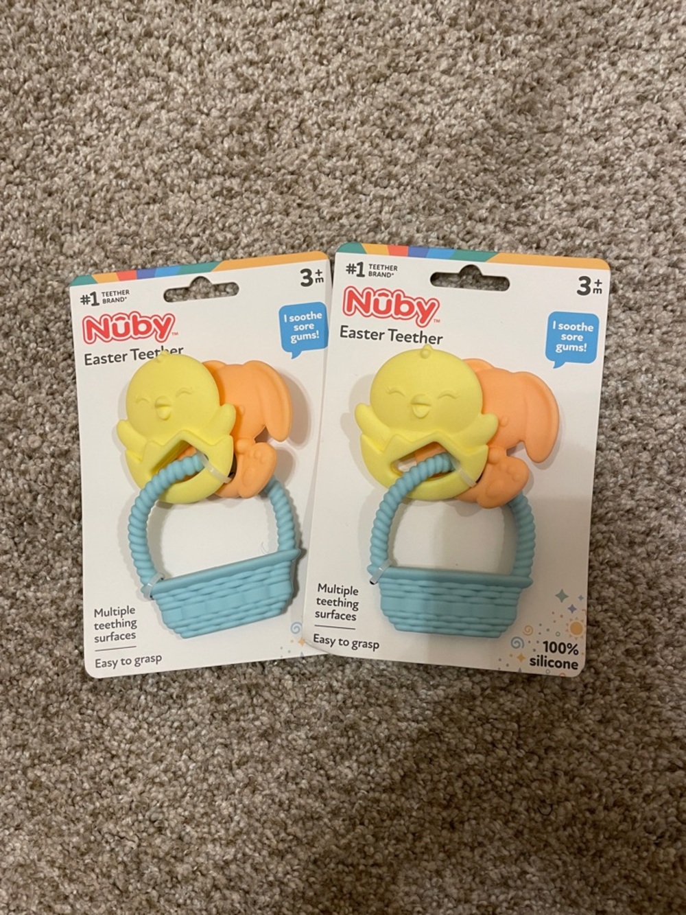 Nuby Easter Chick & Bunny Silicone Teether - Yellow, Orange, Light Blue